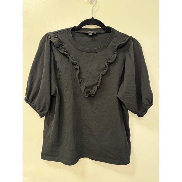 J. Crew 3/4 Sleeve Black Cotton Top Ruffle Neckline Puffy Sleeves Medium - Picture 1 of 6